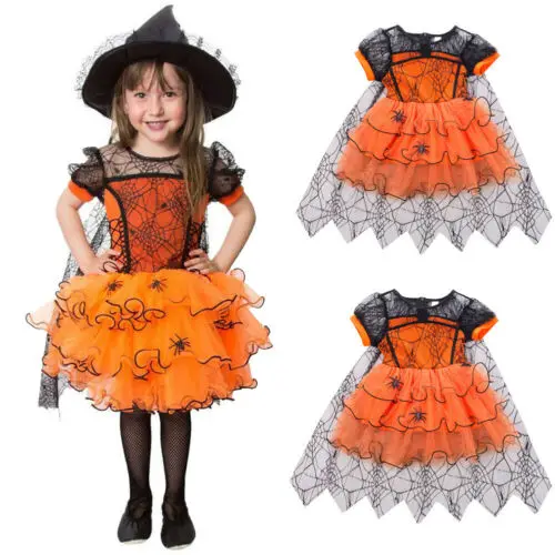 1-5T Hot New Fashion Kids Girls Witch Lace Princess Dress Little Girls Halloween Pumpkin Party Costume Dresses ropa de bebe niña