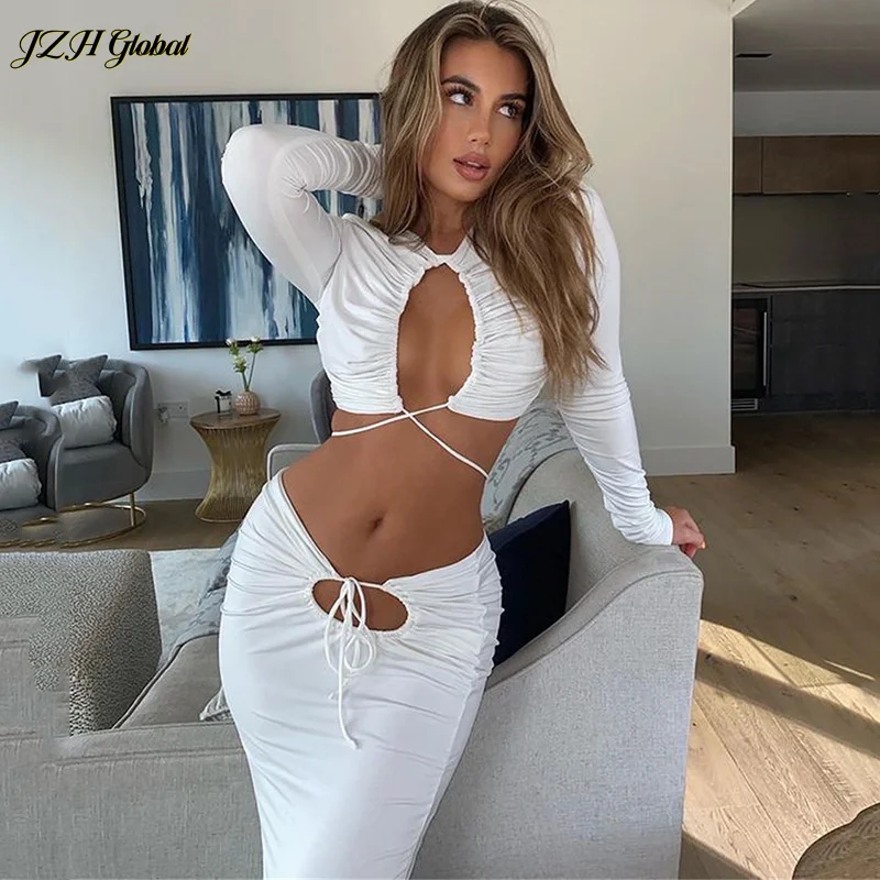 

NJJZH 2021 winter spring Fashion Sexy Women Show waist Full Sleeve Hollow Out Drawstring temperament Slim Dress Sets