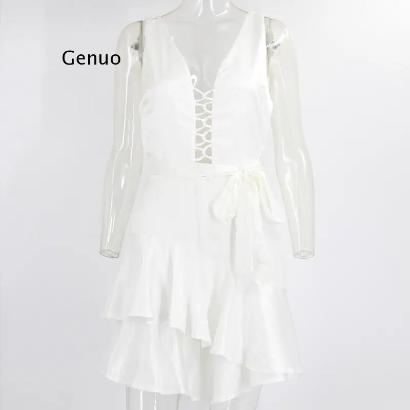 

sashes women playsuits Ruffle hollow out zipper female romper jumpsuit Spring summer satin holiday ladies overalls