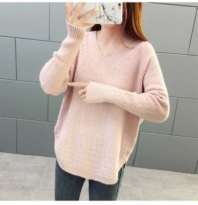 

Fannic Autumn and Winter 2021 Fashion V-Neck Sweater Women Casual Solid Color Long Sleeve Knitted Loose Pullover