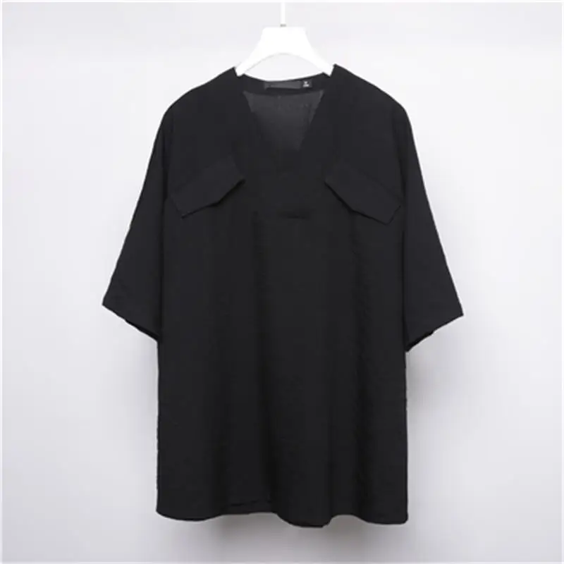 

Men's Short Sleeve T-Shirt Summer v-Collar Solid Color Cat Ear False Pocket Japanese Casual Retro Loose Short Sleeve T-Shirt