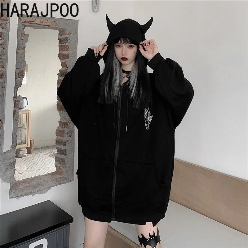 

Harajpoo Women Sweatshirts Spring Autumn 2021 New Black Hooded Zipper Sweater Jacket Loose Mid-length Harajuku Cardigan Trend
