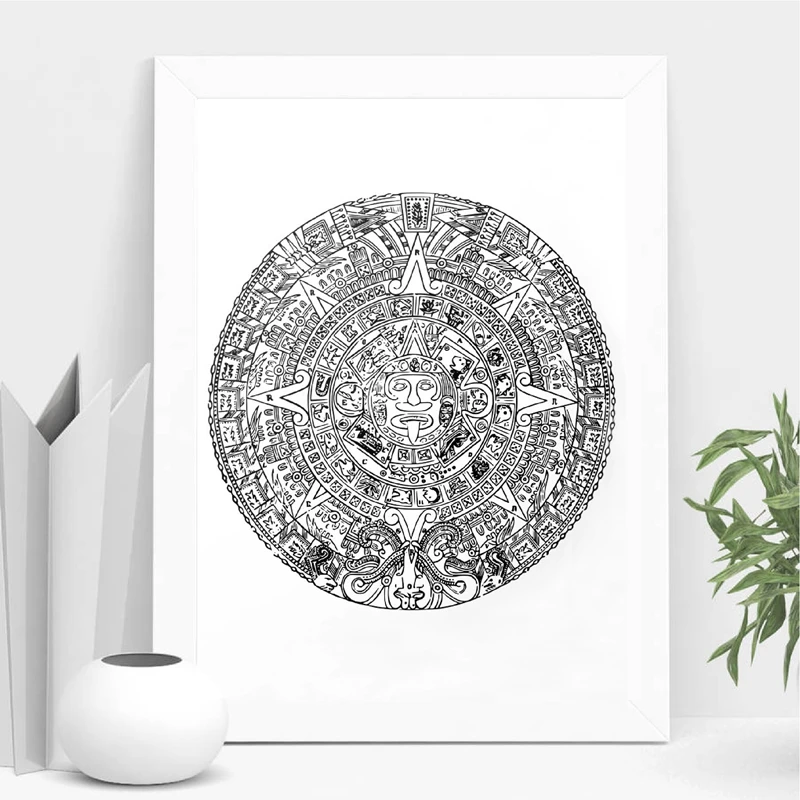 

Aztec Print Aztec Calendar Poster Art Canvas Painting Mexican Black and White Wall Art Picture Ancient Tribal Wall Decoration
