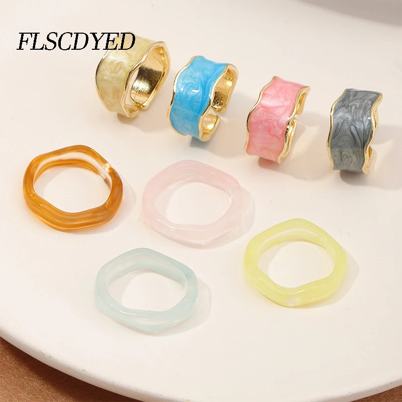 

FLSCDYED 2021 New Colourful Transparent Resin Round Rings Dripping Oil Enamel Irregular Opening Rings For Women Party Jewelry