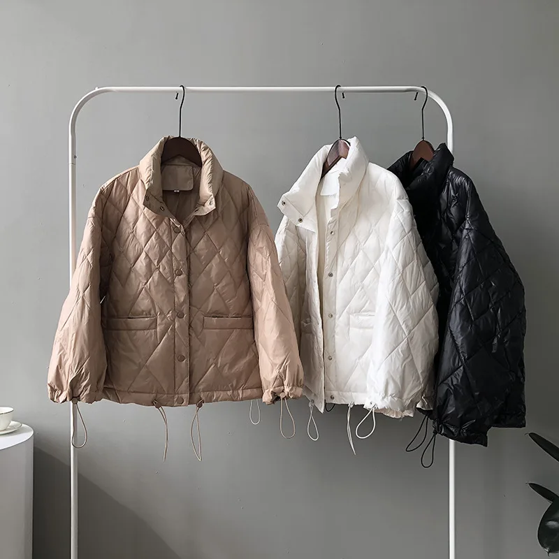 Женский пуховик с воротником стойкой теплый свободный со стразами в Корейском