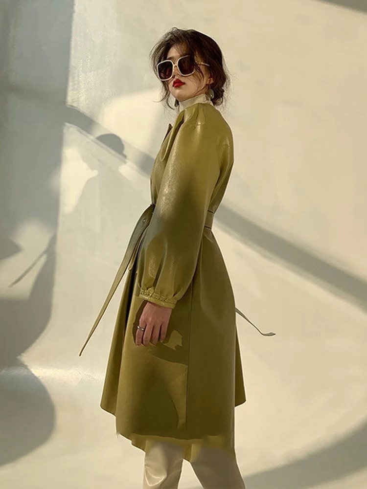 KBAT 2023 PU Leather Long Jacket Korea Fashion Autumn Green Windbreaker Faux Leather Sashes Office Lady Coat Outwear images - 6