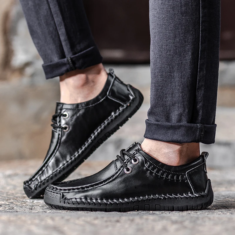 

Men genuine Leather Casual Shoes handmade sewing Driving Shoes Men Designer Slip on Boat Breathable Mens Loafers big size 48