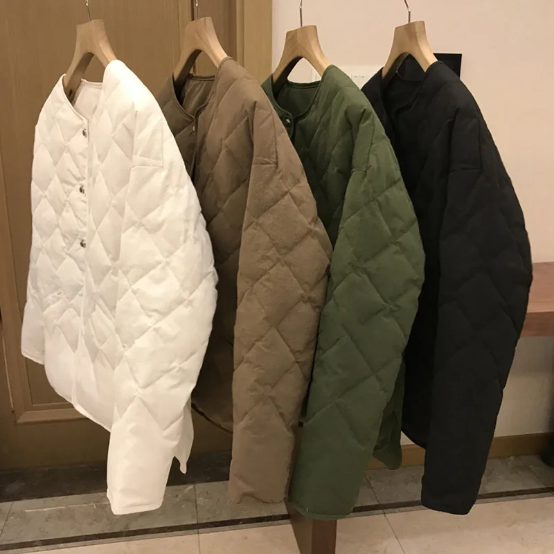 2021 Winter Short Parkas Women Fashion Argyle Long Sleeves Casual Coats Women Elegant Zipper Cotton Jackets Female Ladies