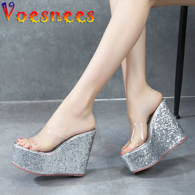 

Voesnees Women Slipper Shoes Sexy Transparent Round Female Wedges Sandals Fashion Model Show Sequin High-Heeled Shoes 2021 New