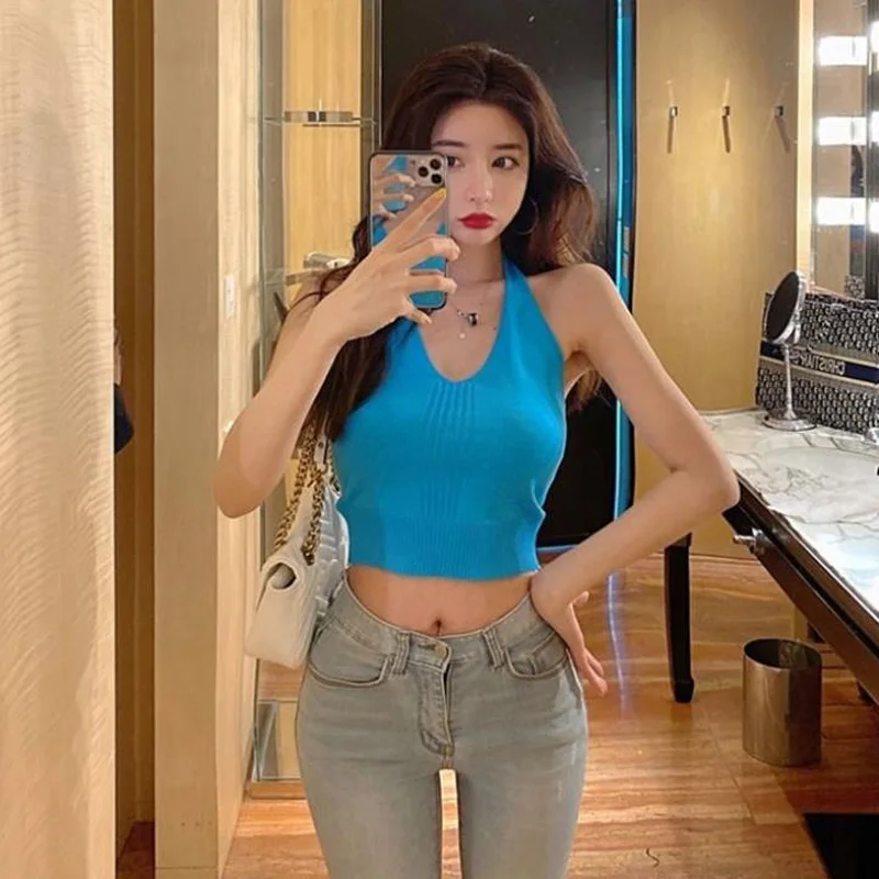 Женский ТРИКОТАЖНЫЙ УКОРОЧЕННЫЙ ТОП JANZHISAN летний однотонный сексуальный топ с