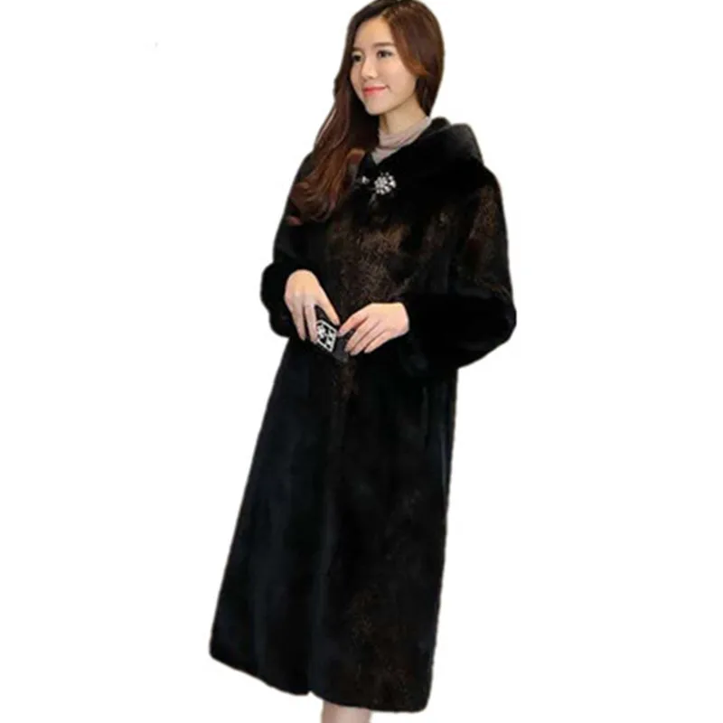 2021 new imported mink fur coat long hooded loose large size fur warm female mink coat Office Lady  Winter  With Fur Trim Hood