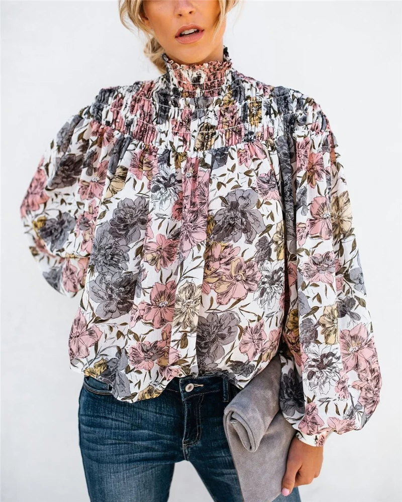 Модный с цветком с пышными рукавами блузки для женщин Boho шифоновая блузка офисные женские шорты с цветочным принтом Женская туника блуза-рубашка