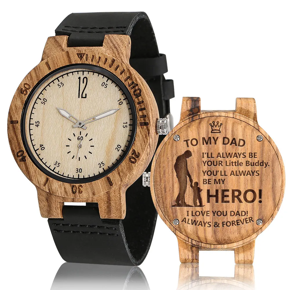 

I Will Always Be Your Little Buddy I Love You Dad Man Watch Wooden Case Quartz Dial Soft Leather Band Birthday Gift For Father