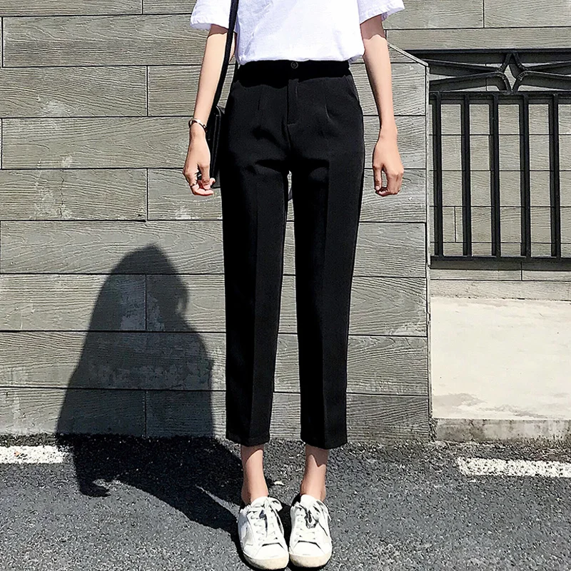 

ZHOUTAYLOR Woman Pants Full Length Button Straight Summer New Fashion Trousers Female Office Lady Solid Flat Femme Bottoms