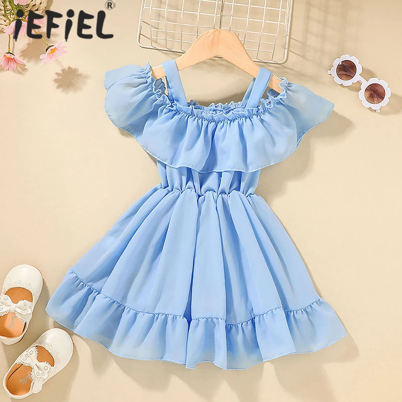 

Toddler Baby Girls Off-Shoulder Ruffles Pleated Dress Children Girls Party Dress Solid Color Ball Gown Kids Girl Clothes 1-5 Y