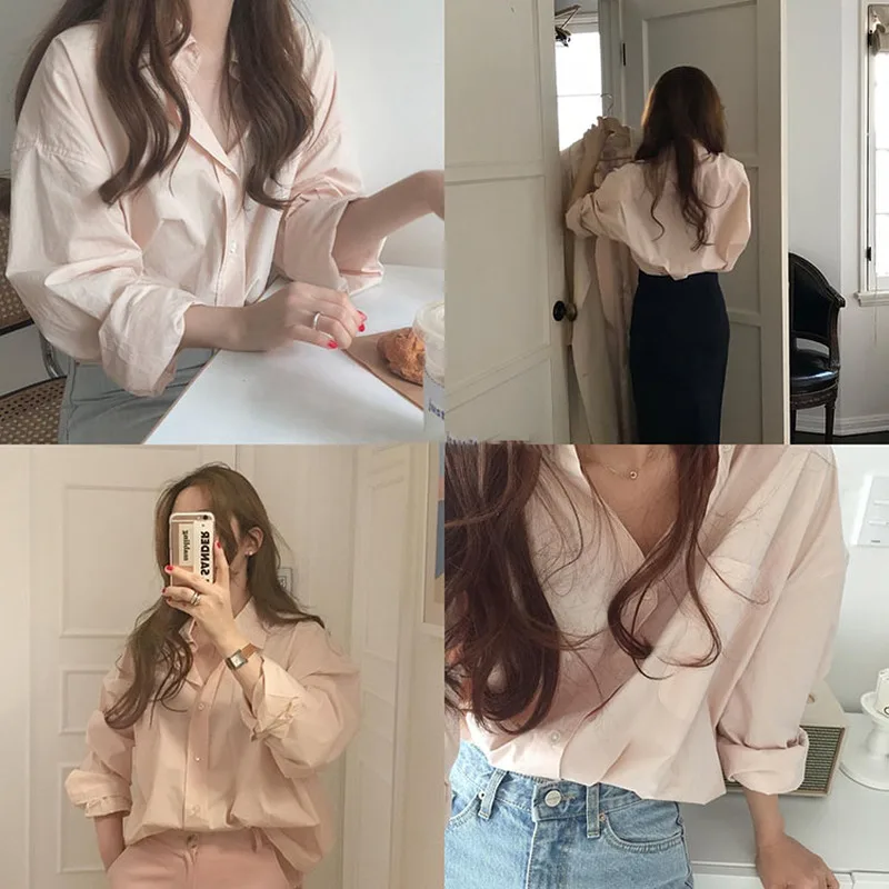 

Pink Streetwear Chic New Fashion Gentle Office Lady New 2020 Elegance Women Basic All-Match Comfortable Brief Solid Shirts 11361