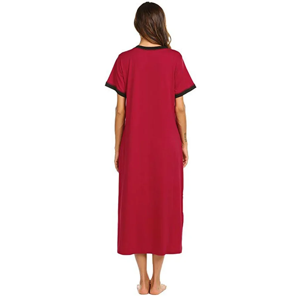 

Womens Split Nightshirt Short Sleeve Nightgown Ultra-Soft Full Length Sleepwear 2021 Summer Nightdress Vetement de nuit*3Q