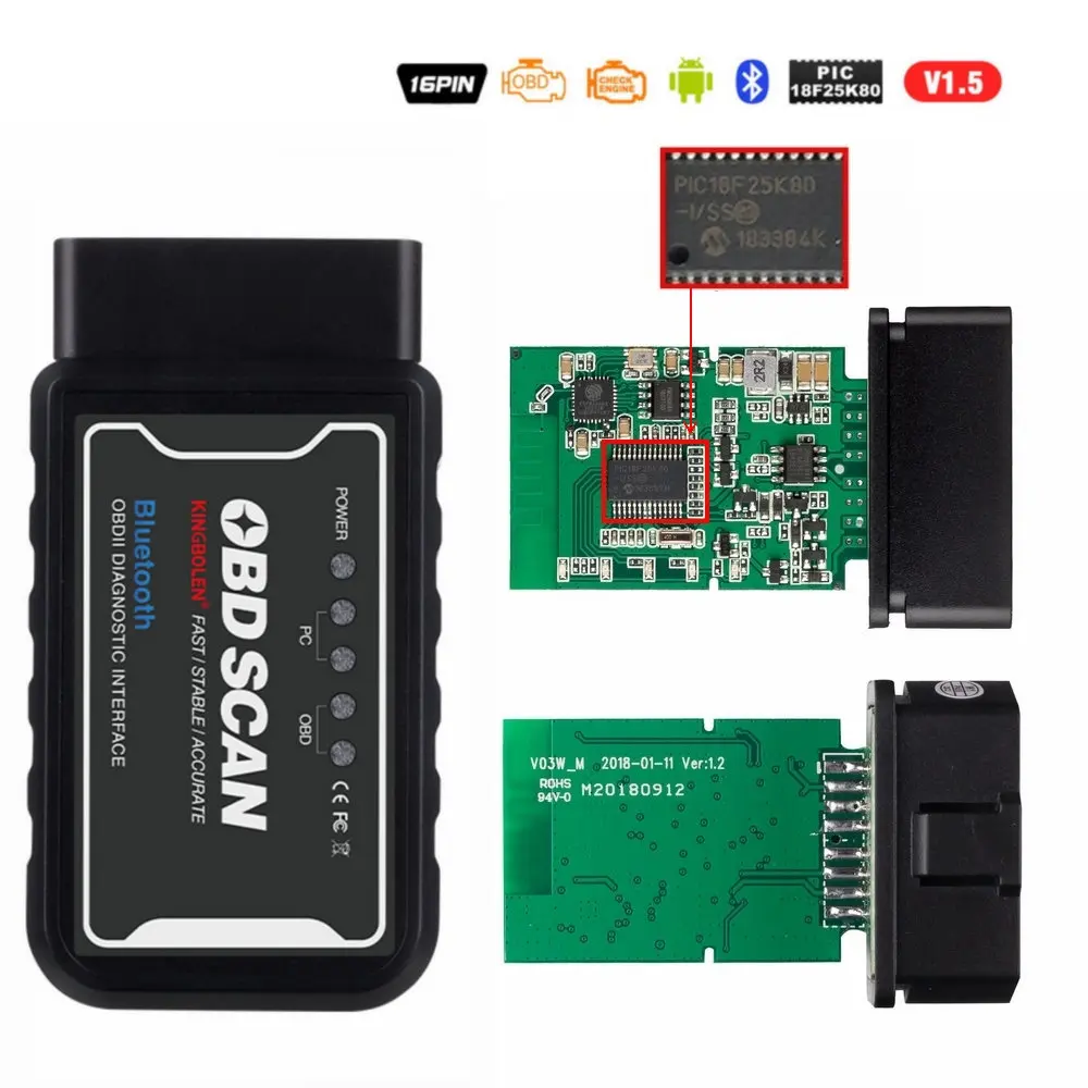 OBDSCAN BT V1.5 OBD2 ELM327 V1.5 Bluetooth/WI-FI автомобильный диагностический инструмент ELM 327 считыватель кода OBD чип PIC18F25K80 работы Android/IOS/окна автомобиля 12 V - Цвет: OBDSCAN BT V1.5