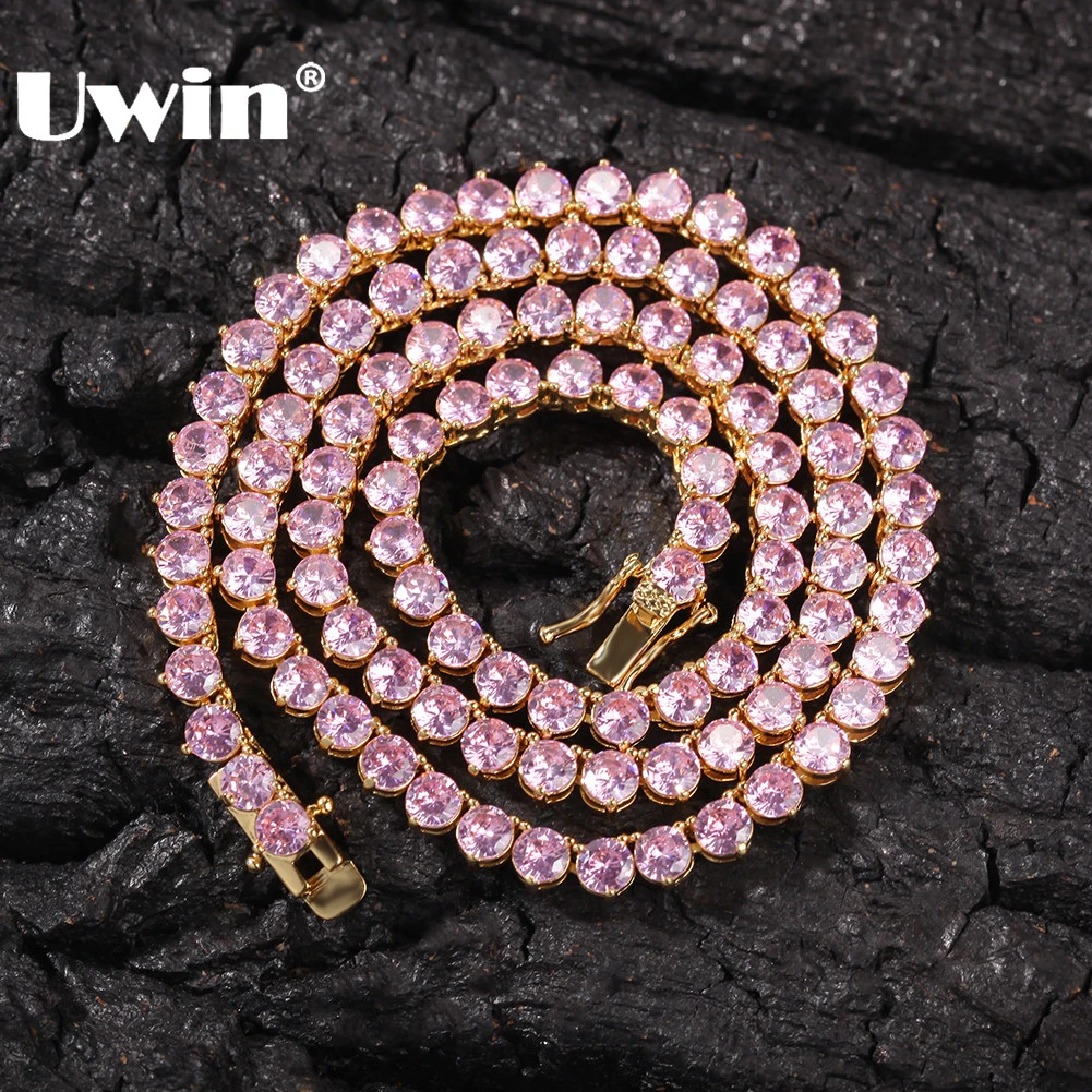 

UWIN New Style 4mm Pink CZ Tennis Chain With Women Fashion Gift Necklaces Hiphop Bling Bling Cubic Zirconia Hiphop Jewelry