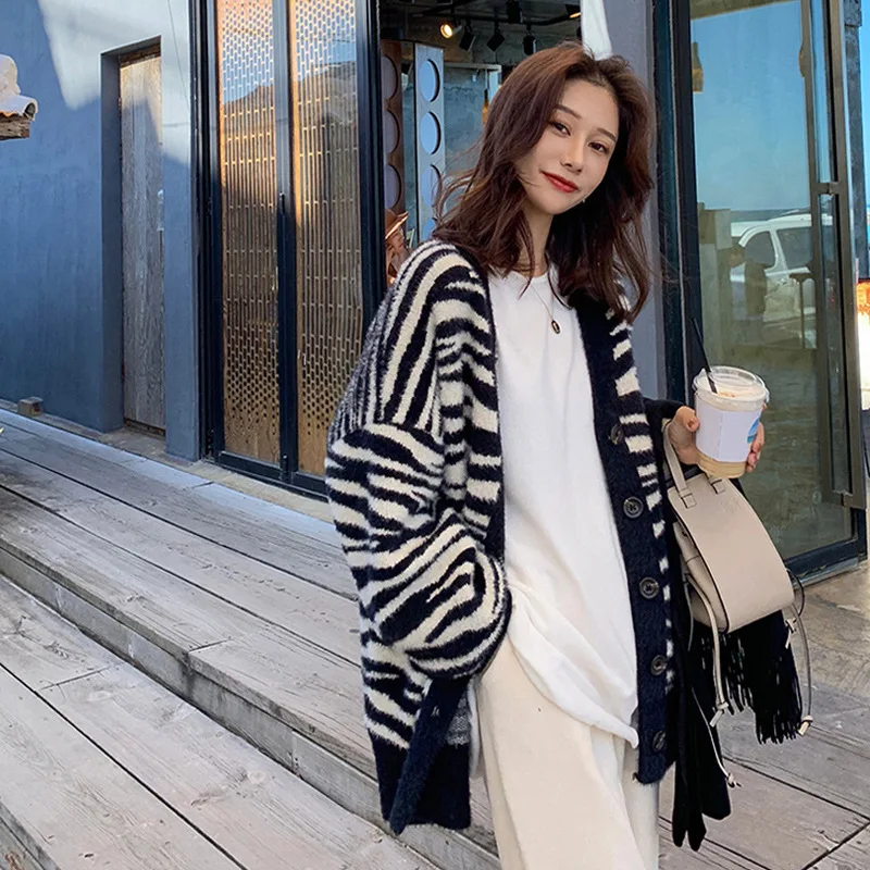 

Y2k Women Cardigan Korean Fashion Mink Wool Stripe Long Sleeve Tops Autumn Winter Clothes Women's Sweater Striped Pull Femme