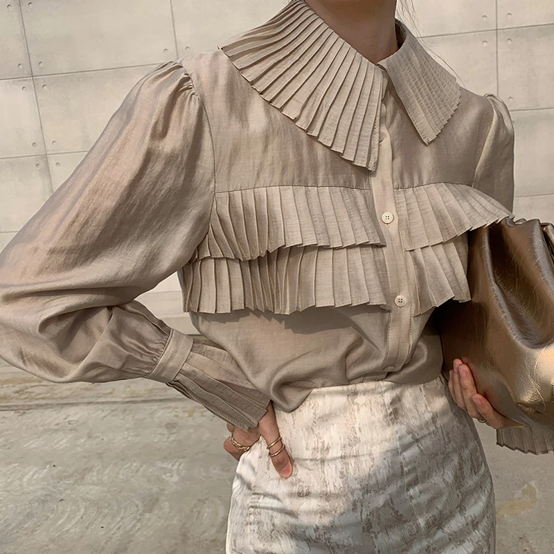 

Korean Style Elegant Pleated Shirts Spring Turn Down Collar Blouse Women Solid Single Breasted Lantern Sleeve Tops Blusas 13337