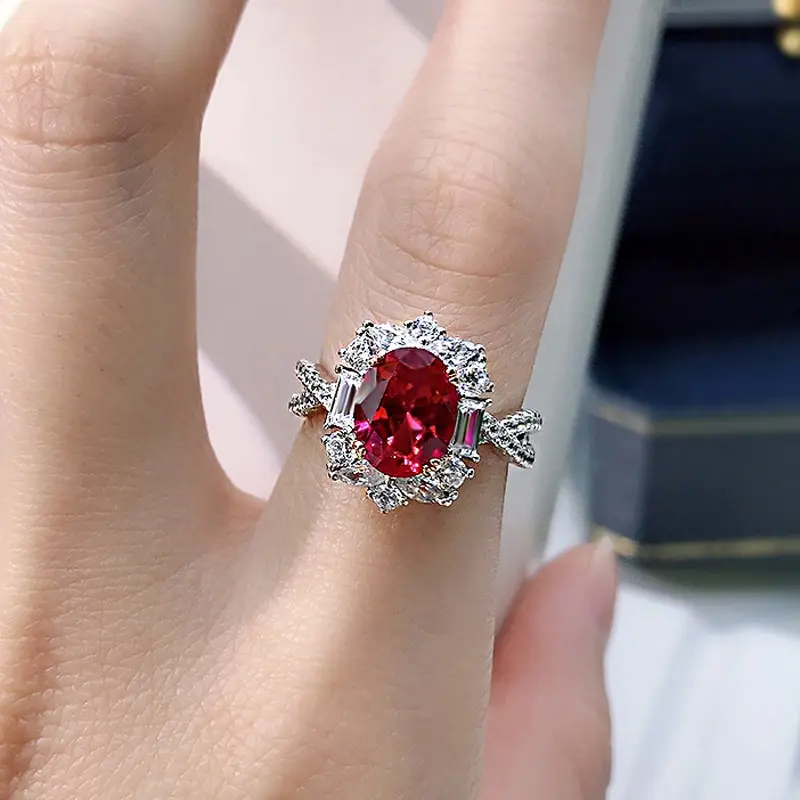

Jazaz 100% 925 Sterling Silver Oval Ruby Bridal Rings Women Gift Anniversary Spark High Carbon Diamond Party Fine Jewelry B0570