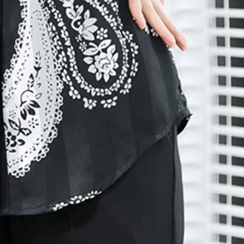 

2021 new spring and summer plus size female slim body slim black and white printing waist button long-sleeved summer fashion