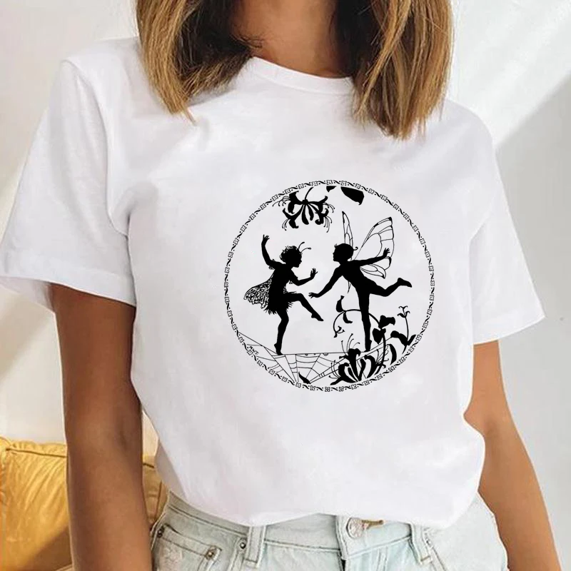 

Butterfly Fairy Vintage Print Women's T-Shirts Summer Casual Breathable Tees Harajuku Short Sleeve White Slim Y2k Tops Female