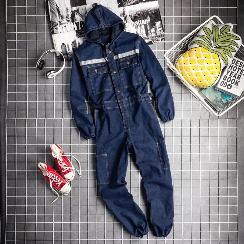 Man Jeans Jumpsuits Bib Overalls Cotton Reflective Strip Hooded Denim Cargo Pants Fashion Leisure Hip Hop Freight Trousers