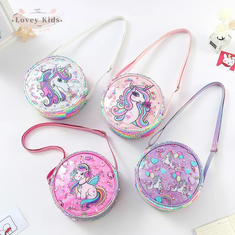 

2021 Toddler Girl Shoulder Bags Unicorn Colorful Sequined Patchwork Purse Round Zip Up CrossBody Cute Messenger Bag Clutches