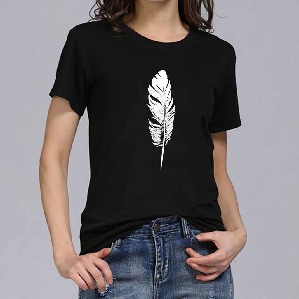 

Hillbilly Summer Black White Feather T-shirt Women Harajuku Graphi Printed Tee Femme Fashion Casual O-Neck Dames Kleding Zomer
