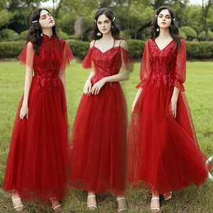 Bridesmaids Dresses Burgundy R520 Aline Ankle Length Plus size Tulle Dress V-neck Lace up Cheap Wedding Party Dresses for WOmen Bridesmaids Dresses Burgundy R520 Aline Ankle Length Plus size Tulle Dress V-neck Lace up Cheap Wedding Party Dresses for WOmen