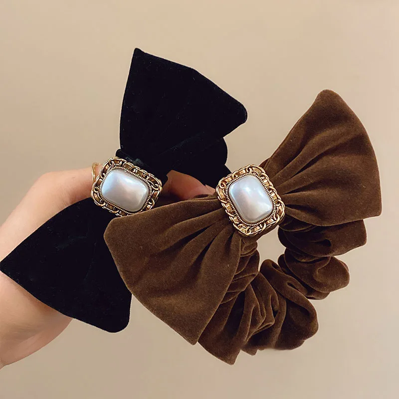

Retro French Hair Bows Bands Velvet Bowknot Scrunchies Elegant Korean Pearl Ponytail Holder Women Elastic Rope Headwear