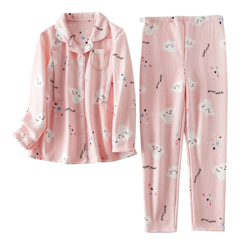 

Non-pilling sandwich air cotton moon clothes autumn/winter thin cotton pajama suit for pregnant women can breastfeed postpartum