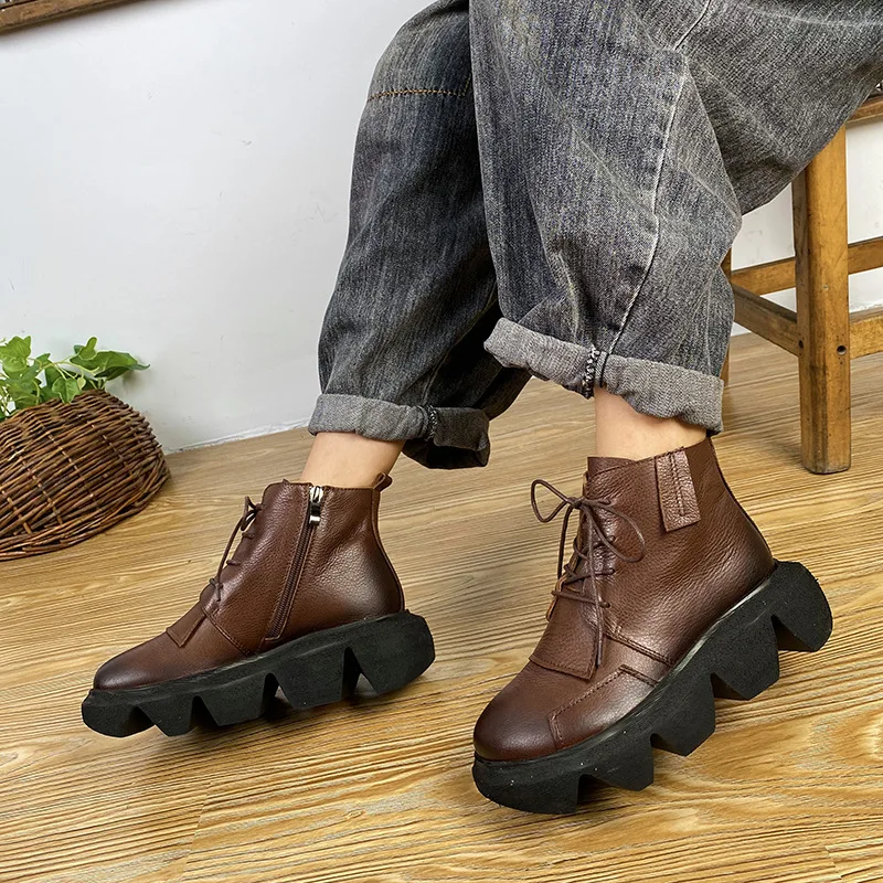 

YourSeason Ladies New 2021 Thick Platform Zip Shoes Genuine Leather Round Toe Retro Casual Women Ankle Boots