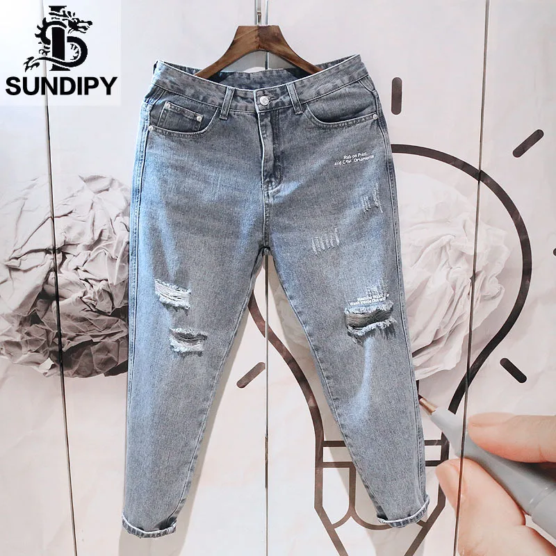 

Hong Kong style 2021 Fashion Brand Men's Loose Straight Denim Cropped Pants Handsome and Wild Ripped Long Daddy pencil Pants