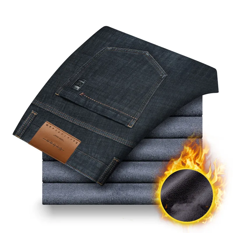 

2020 Winter New Black Denim Pants Men's Warm Slim Fit Jeans Business Fashion Thicken Denim Trousers Fleece Stretch Brand Pants