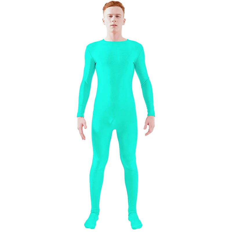 Mint Blue Ensnovo, блестящий комбинезон на молнии, Zentai, колготки для всего тела для мужчин, боди на заказ, костюм из цельного спандекса с длинным рукавом - Цвет: Mint Blue