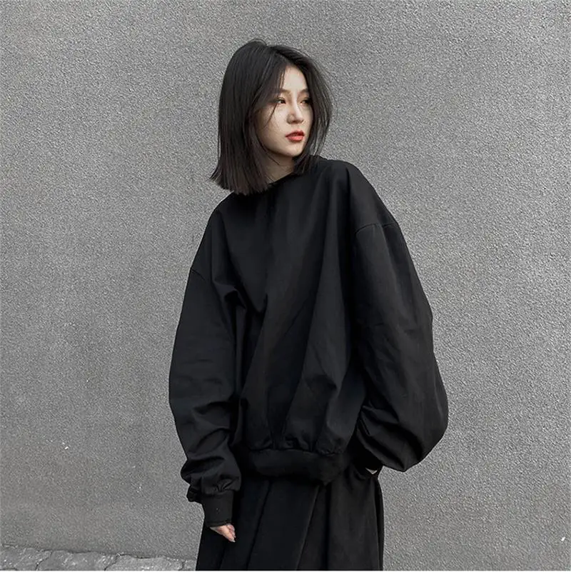 Женская свободная толстовка с круглым вырезом Однотонная футболка длинным