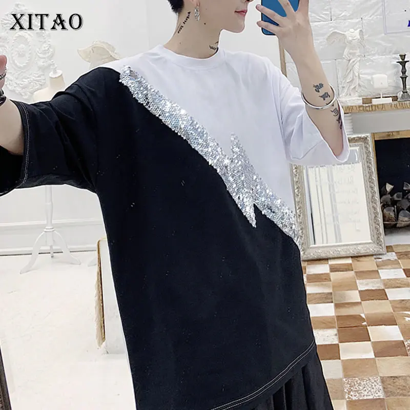 

XITAO Pullover T Shirt Fashion New Women Hit Color Pullover Patchwork Small Fresh Casual Minority Elegant Tee Top ZLL5423