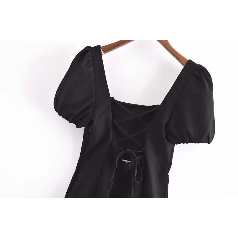 

2021 New Women Lace up Backless Dress Square Collar Above Knee Dresses Chic Lady Fashion Casual Women Clothes