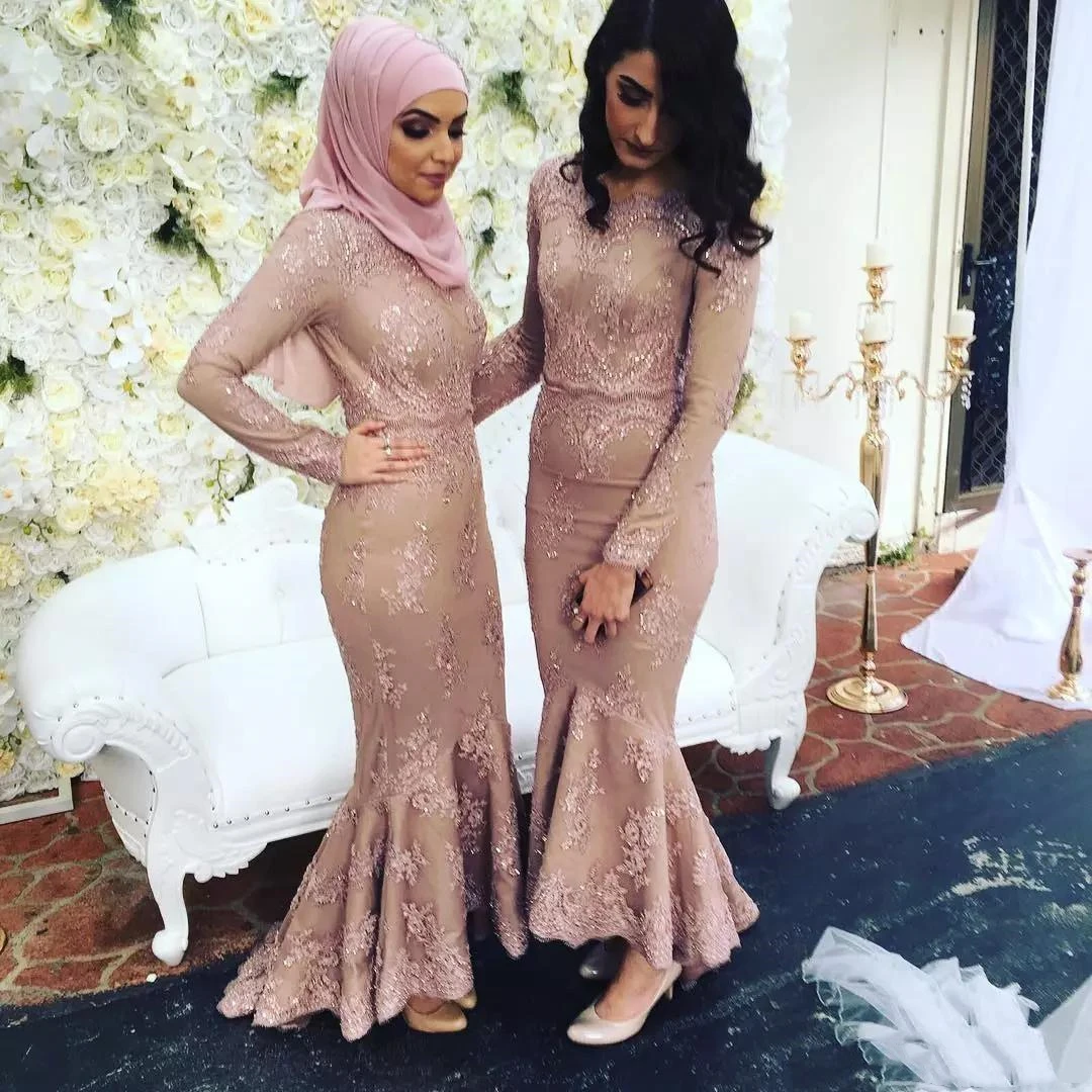 

Dusty Pink Lace nude Long Sleeves Bridesmaid Dresses Muslim Arabic Women Formal Gowns Plus Size Mermaid Wedding Party Dress