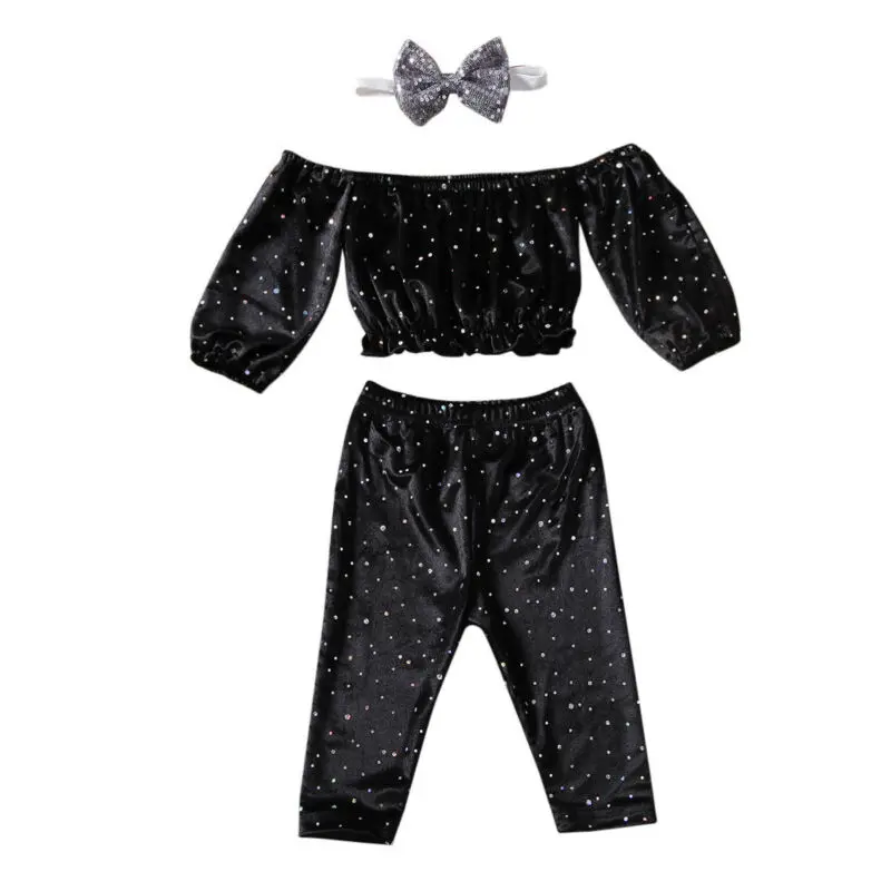 Infant Baby Girl Sequin Clothes Sets 3pcs Long Sleeve Off Shoulder Tops Pants Headband Outfit 1-4Y Set | Мать и ребенок