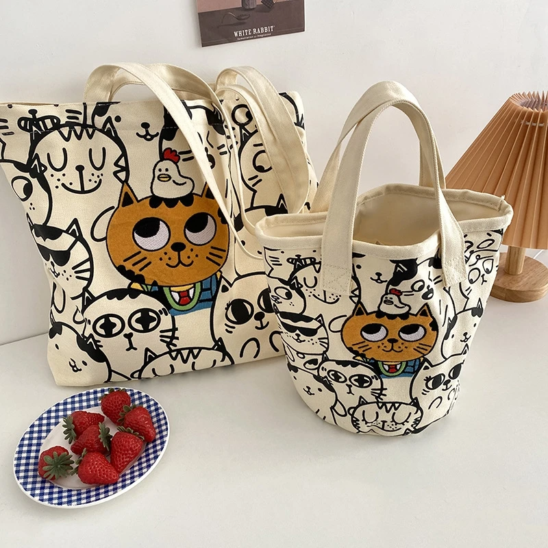 

Women Canvas Shoulder Bags Cartoon Cat Print Embroidery Tote Female Cotton Cloth Shopping Handbags Girls Cute School Lunch Bag