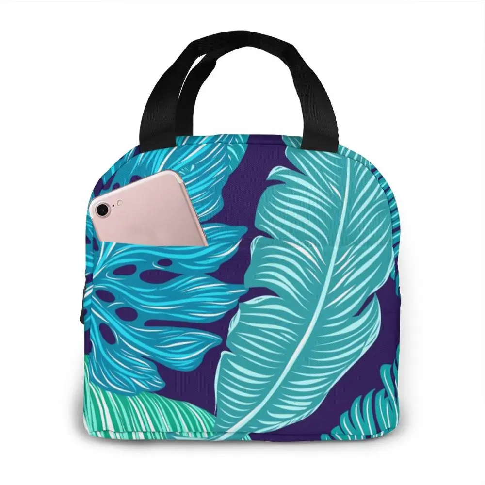 

Tropical Teal Leaves Cooler Lunch Box Portable Insulated Lunch Bag Thermal Food Picnic Lunch Bags