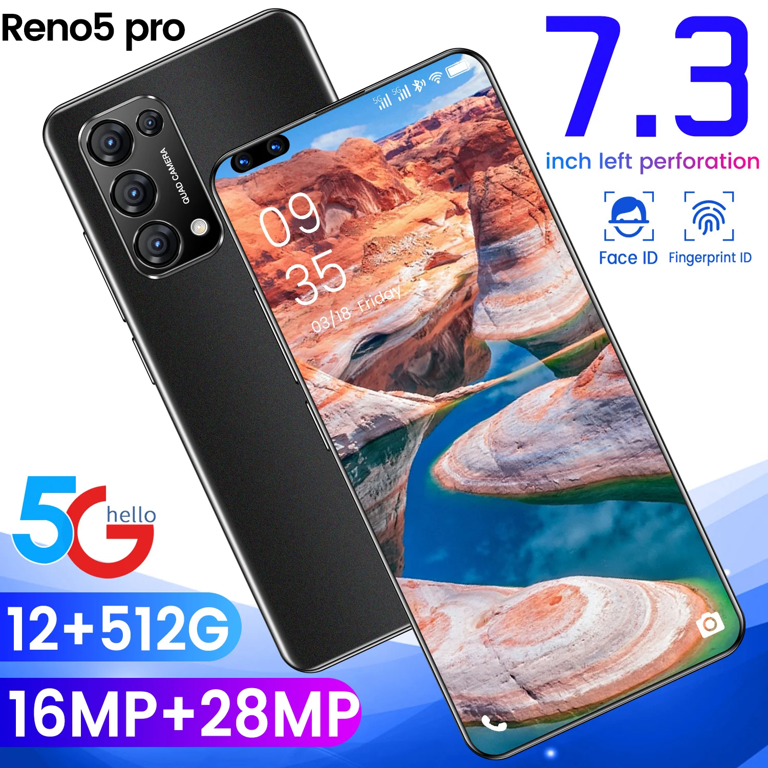 

Hot Sell Global Version Reno5 Pro 7.3 Inch SmartPhone 12+512GB Full Screen 5000MAh 16+28MP Dual SIM Dual Standby 5G Mobile Phone