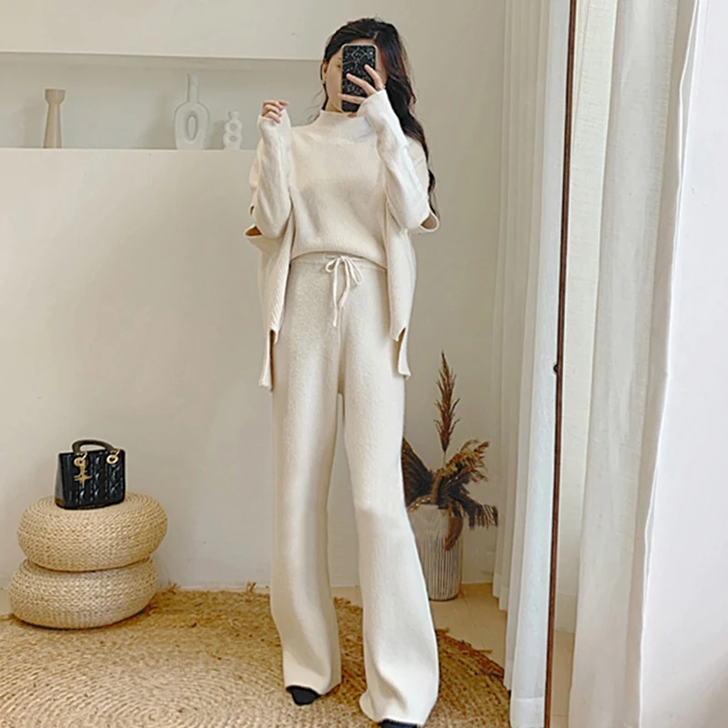 

YICIYA Knitted 3 Piece Set Sweater Pants Woman 2020 Knitting Wide Leg Pants And Pullover Three Piece Suits Tracksuit Women
