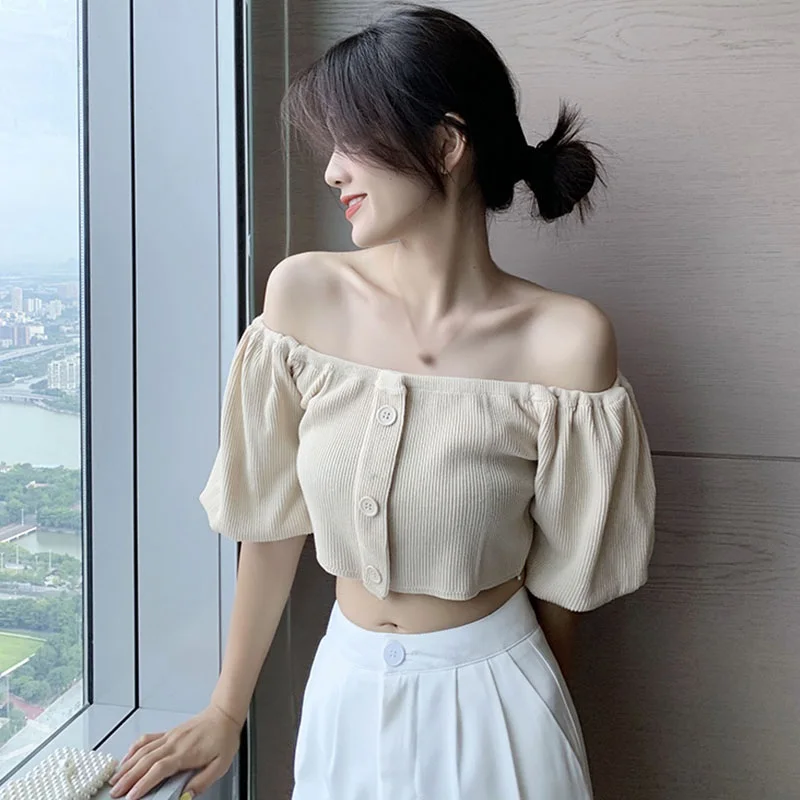 

Liva Girl Women's t-Shirts Korean Solid Color Tshirt Slash Neck Sexy Navel Knit Sleeve One Size Top Camiseta Vetements Femmes