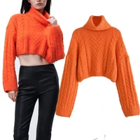za 2021 winter cable knit crop sweater women warm long sleeve turtleneck jumper female soft elegant pullover casual sweaters