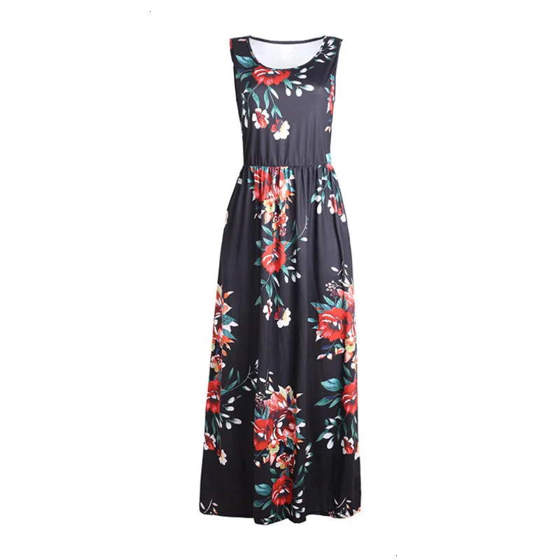 Boho Holiday Summer Female Beach Dress A Line Tank Sleeveless High Waist Long Floral Print Pocket Maxi Q |